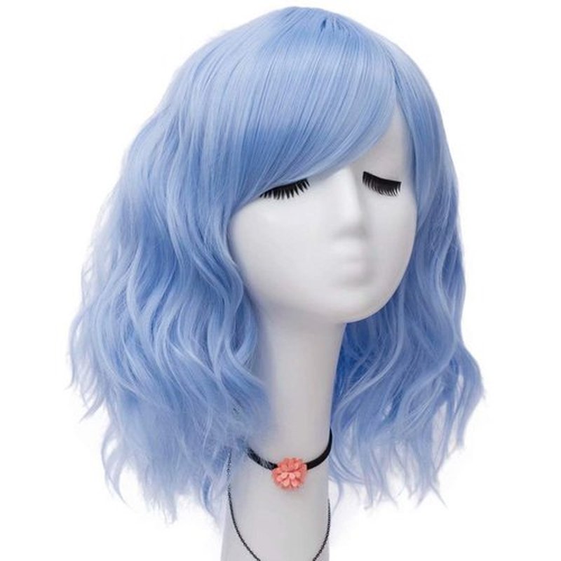 NiceLisa Women 16 Inches Loose Wave Medium Length Light Blue Cosplay Costume Wigs Side Bangs