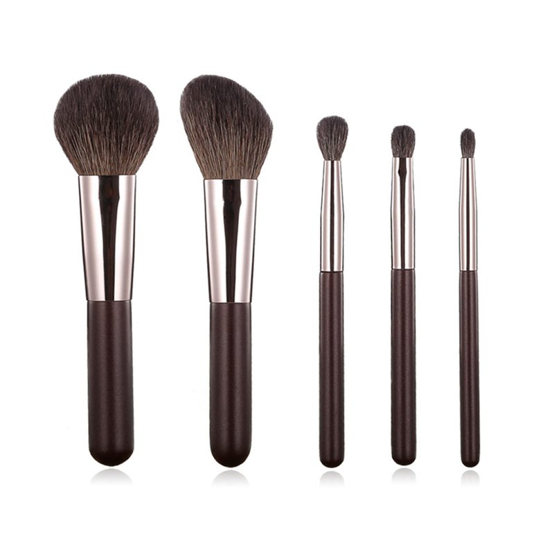Travel Makeup Brushes Set w/Pouch, Portable 5PCS Professional Premium Goat Hair Cosmetic Brushes Kit for Powder Blush Concealers Contouring Highlighting