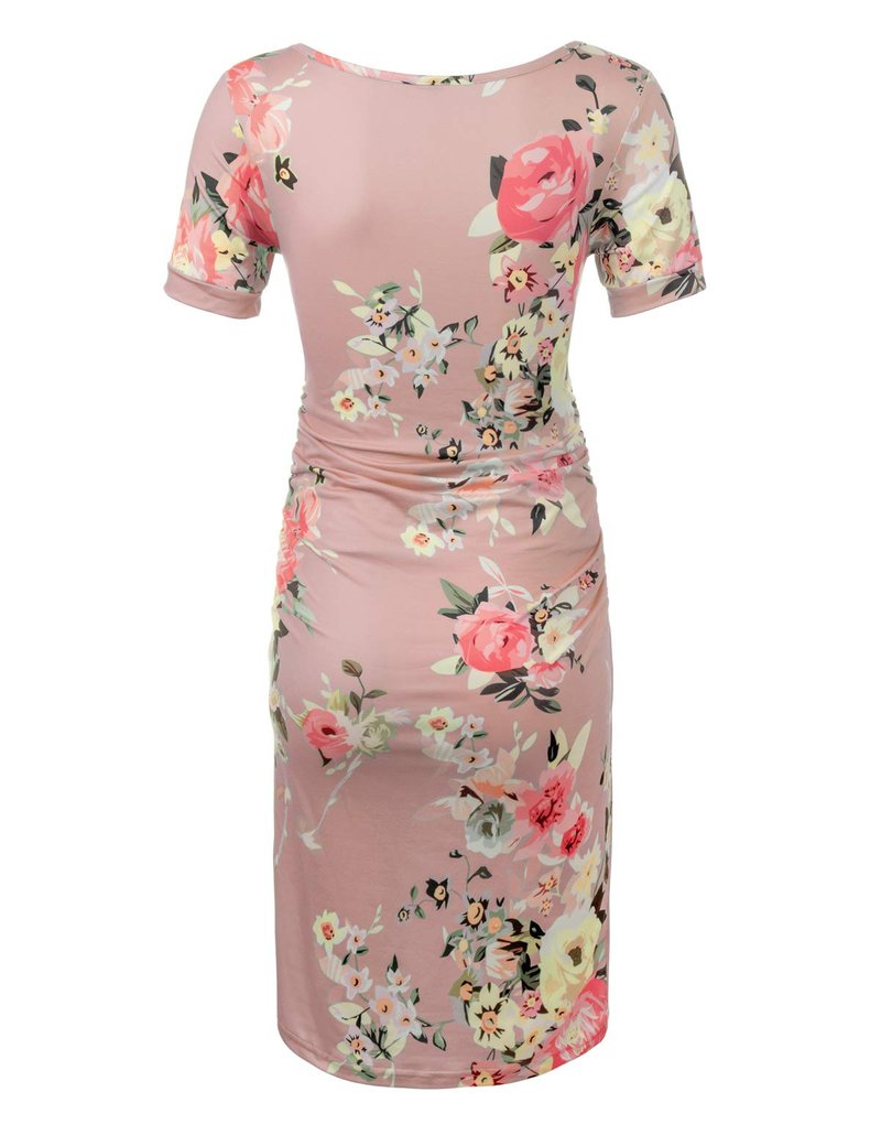 MUSIDORA Solid Color & Floral Side Ruch Maternity Dress/Short Sleeve Bodycon Dress Baby Shower Daily Wear