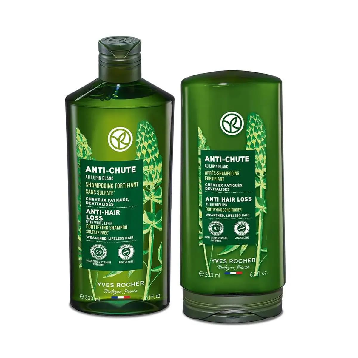 Yves Rocher Hair Strengthening Shampoo & Conditioner Set with White Lupine Extract, Sulfate-Free Botanical Hair Care Duo for Thin, Weak, Brittle Hair, Nourishes, Reduces Breakage, 300ml + 200ml