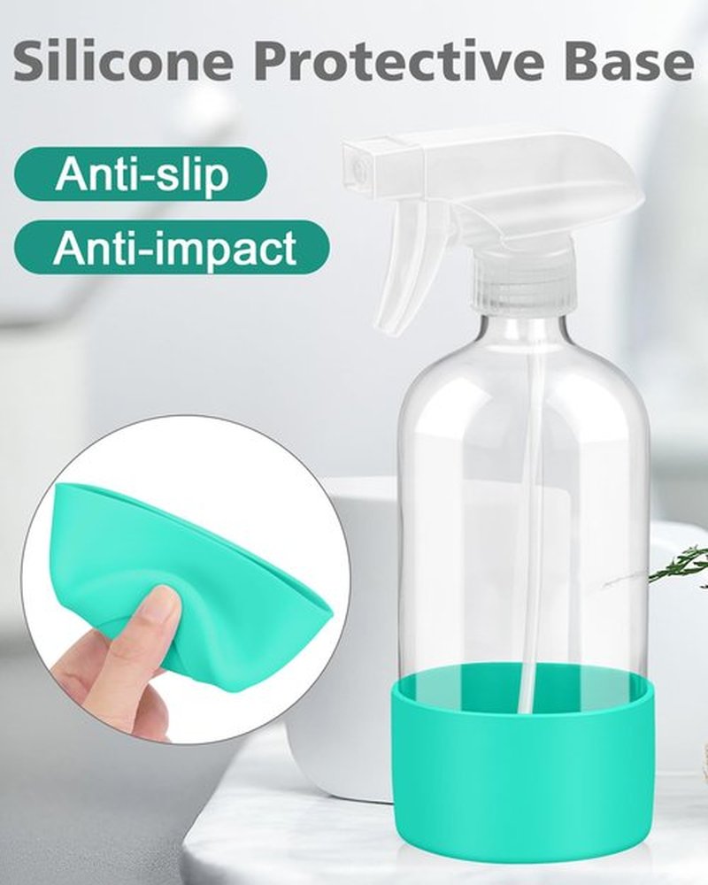 Roinisor Glass Spray Bottles with Silicone Sleeve Protection, Empty 16OZ Reusable Spray Bottles, Refillable Containers with Spray Nozzles for Cleaning Solutions, Plants and Essential Oils 1 Pack Green