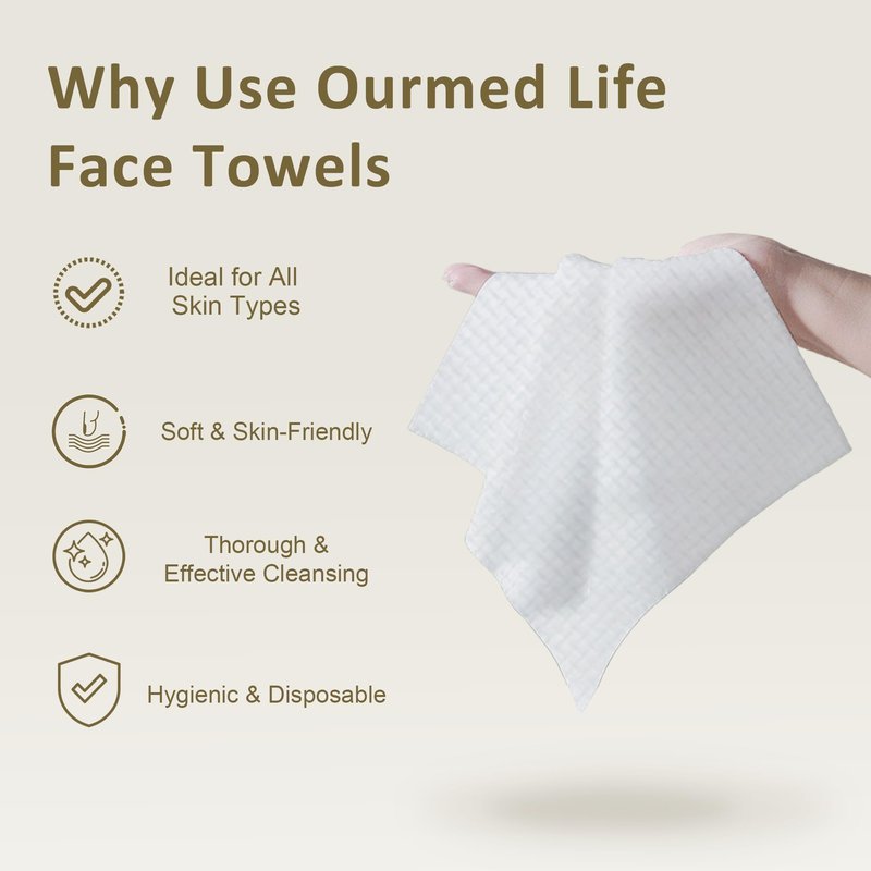 Ourmed Life Face Towels, Disposable Biodegradable Facial Towels for Sensitive Skin, Lint- free Face Wipes for Washing Face, Skincare and Makeup Remover, Dry Wipes, 10"×12" Extra Large, 25 Count