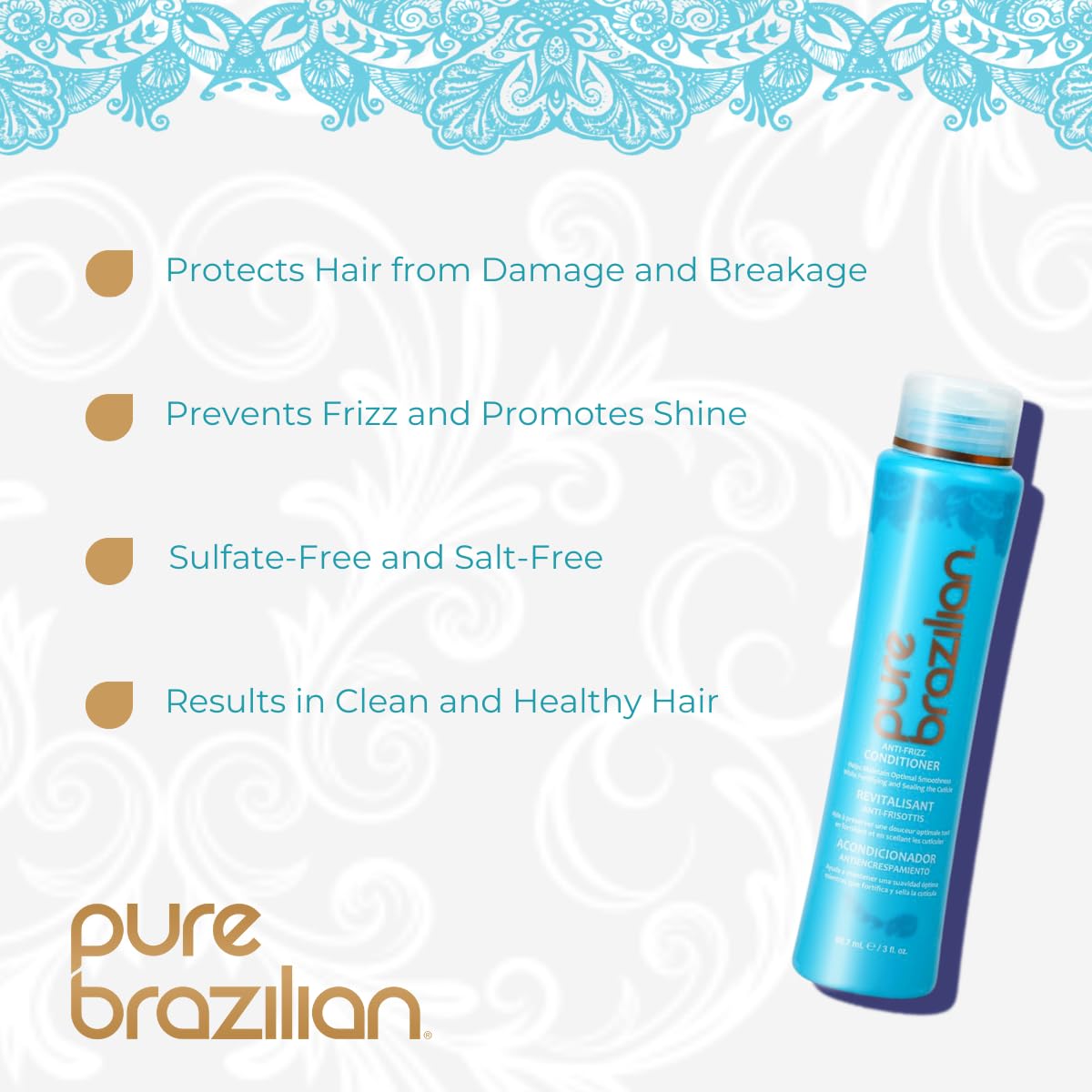 Pure Brazilian Anti-Frizz Daily Conditioner with Keratin & Acai, Smoothing & Strengthening for Shinier, Frizz-Free Hair, 13.5 Oz