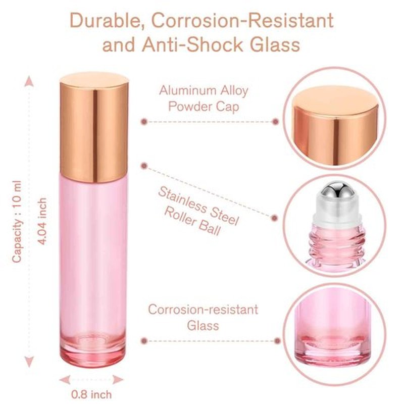 PrettyCare Roller Bottles For Oils 10 ml (Pink Glass, 60 Pack, 10 Extra Stainless Steel Balls, 72 Labels, 4 Opener, 7 Funnels Essential Oil Roller Bottles, Roller on Bottles