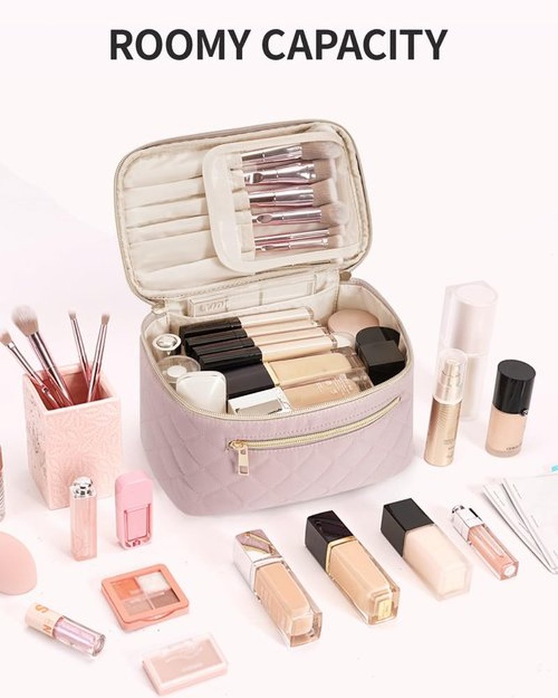 Wandering Nature Makeup Bag, Travel Make Up Organizer Cosmetic Brush Bags Case for Women in Quilted Fabric, Pink(Patent Pending)