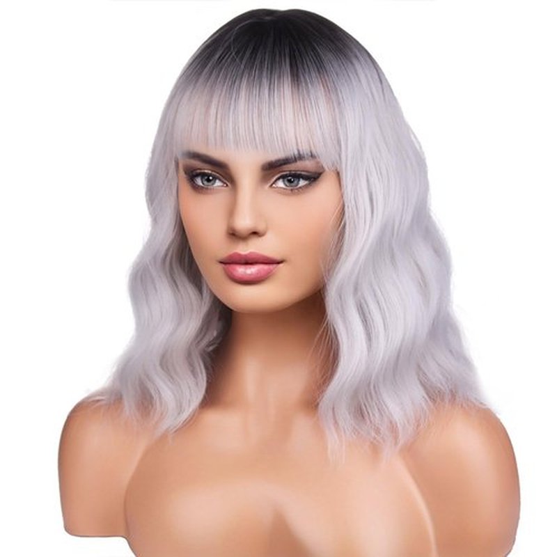 BERON 14 Inches Silver Wig for Women Silver Gray Wig Short Curly Synthetic Wig with Bangs Ombre Grey Wigs with Wig Cap