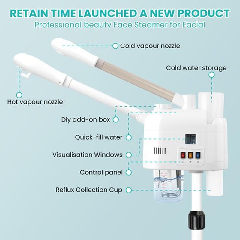 Retain time face steamer for hot and cold, Face Steamer with More Steam, Adjustable Height for Face Steamer Suitable for Personal Home and Professional Personal Care Places, Moisturizing or Hydrating.