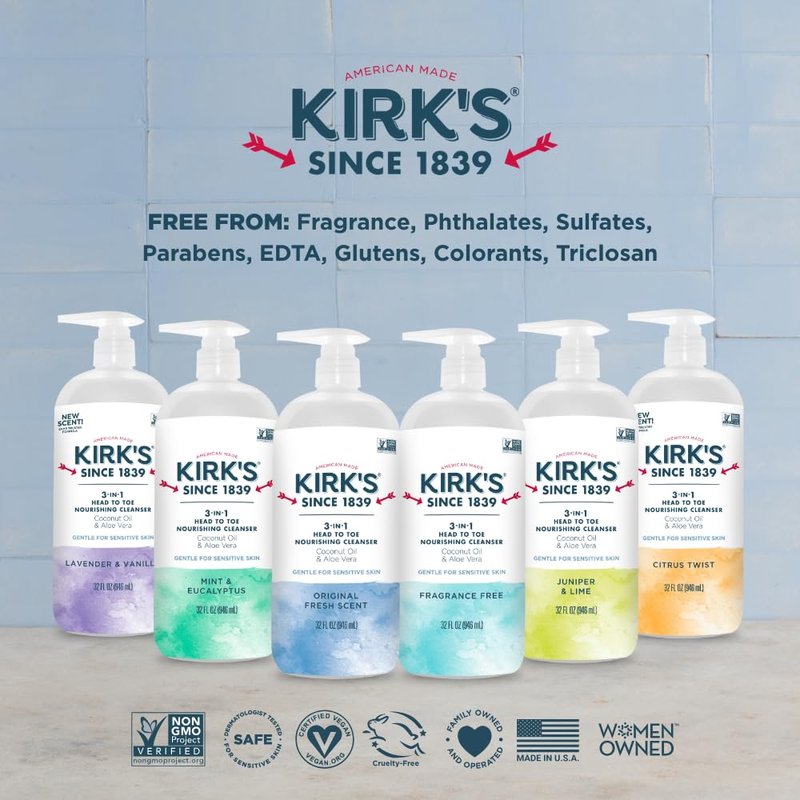 Kirk's Original Fresh 3-in-1 Nourishing Cleanser, Shampoo Body Wash Bubble Bath, Coconut Oil and Aloe Vera, Vegan Non-GMO, 32 Fl Oz, Pack of 2