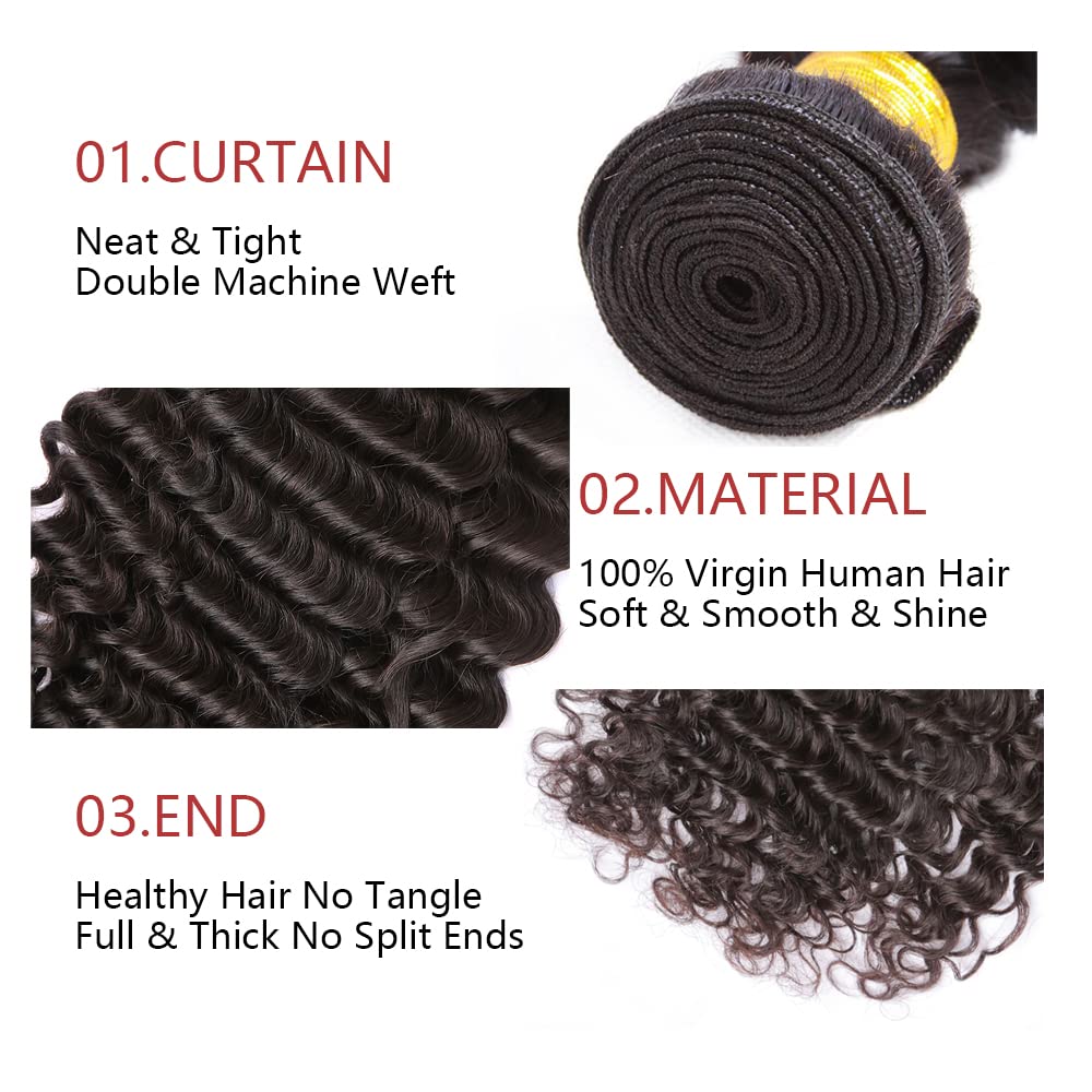 Deep Wave Human Hair Bundle Natural Black Color 8A Grade Brazilian Remy Human Hair Bundles Hair Weaves Double Weft Hair Bundles For Women 30 Inch
