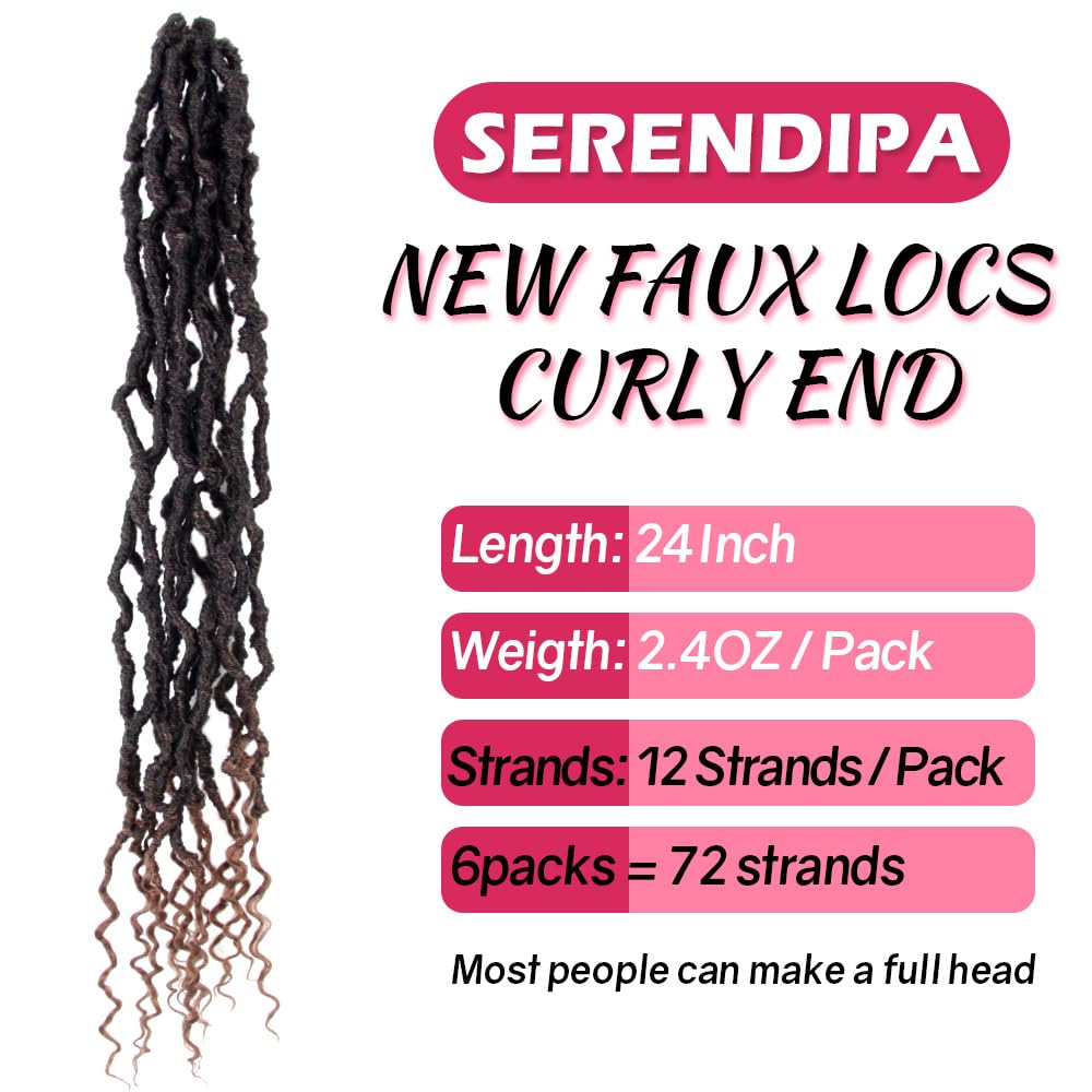 SERENDIPA Boho Faux Locs Curly End, 24 Inch Long Pre-Looped Soft Crochet Goddess Locs Synthetic Hair (6 Packs, T30)