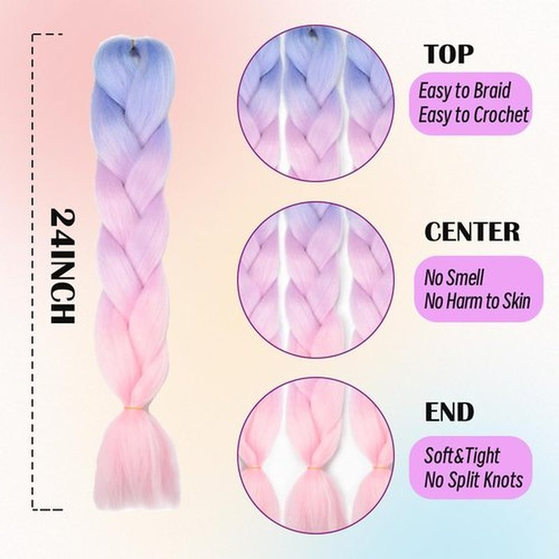 Jumbo Braiding Hair Fiber Mix Four Silky Colorful Twist Braiding Hair 3pcs Rainbow Colors Extensions Synthetic Hair Blue-Purple-Pink Synthetic Fiber Soft Healthy (24 Inch 3pcs)