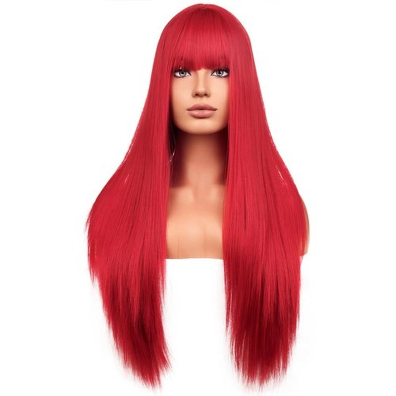 BERON Red Wigs Straight Long Hair Wigs with Bangs Women Fashion Heat Resistant Synthetic Natural Looking Wig for Cosplay Party or Daily Use