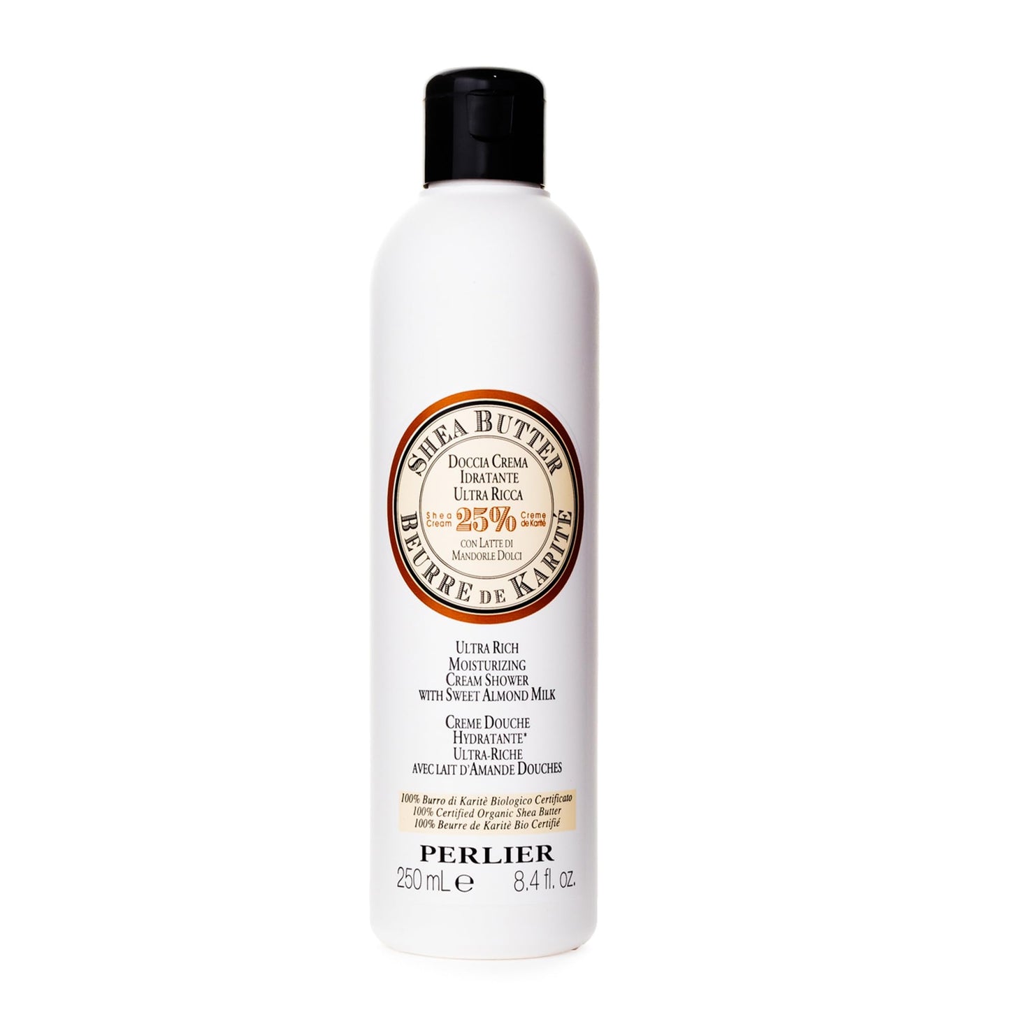 Perlier – Shea & Sweet Almond Bath & Shower Cream, 8.4 fl oz, Gentle Cleanser with 25% Organic Shea Butter and Almond Milk, Moisturizing Formula, pH Balanced, SLS-Free, For Soft and Nourished Skin