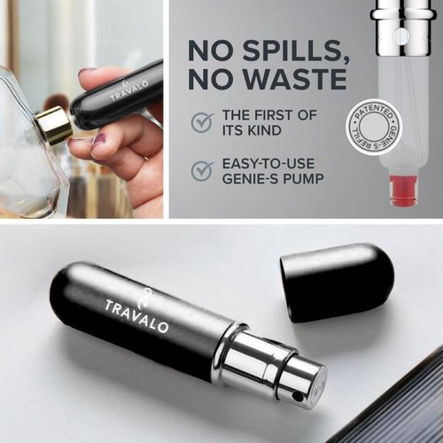 Travalo Classic HD Perfume Atomizer | Genie-S TSA Approved Travel Perfume Bottle Refillable | Reusable Airtight Easy-Fill Mini Pump Sprayer | Lightweight Elegant Design w/Volume Window | Black 0.17oz