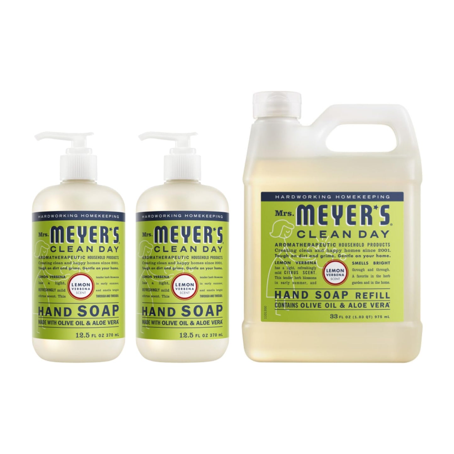 Mrs. MEYER'S CLEAN DAY Liquid Hand Soap Variety Pack (Lemon Verbena) – 12.5 Fl Oz x 2 + 33 Fl Oz Refill, 1 CT