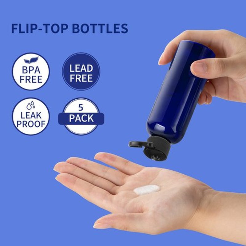 LISAPACK 3.4Oz Travel Bottles with Flip Cap (5 Pcs) Empty Dispenser Container for Travel Size Cosmetics (100ml, Blue)