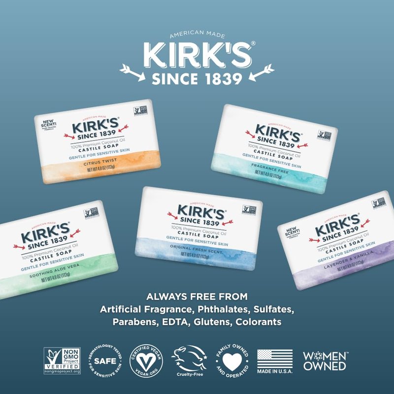 Kirk's Castile Bar Soap, Citrus Twist - Clinically Tested, Safe for Sensitive Skin with Coconut Oil, Vegan and Non-GMO - 4 oz Bars, 6 Pack