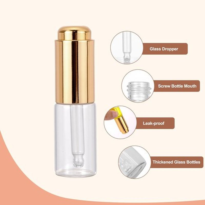 Ellbest 8Pcs 10ml Clear Press Dropper Bottles, Empty Refillable Essential Oil Bottles Container Perfume Cosmetic Bottle Travel Pressing Dropper Bottle, Gold Cap