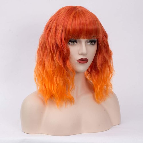BUFASHION 14" Women Short Wavy Curly Wig Ombre Orange Bob Wig Cosplay Halloween Synthetic Wigs With Neat Bang Wig With Free Wig Cap(Ombre Orange 1)