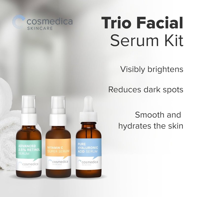 Cosmedica Skincare Facial Serum Trio Set – Vitamin C, Retinol & Hyaluronic Acid Serums for Face – Hydrating & Smoothing Skincare – Vegan, Cruelty Free (6 x 1.47 oz)