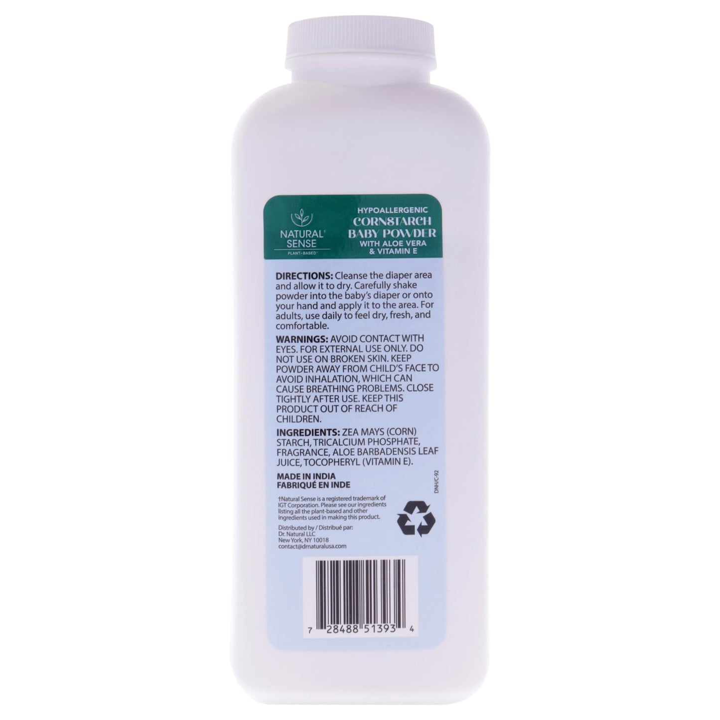 Natural Sense Plant-Based Hypoallergenic Cornstarch Baby Powder with Aloe Vera & Vitamin E, 9oz
