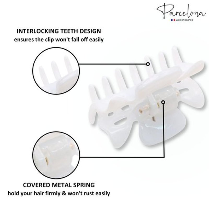 Parcelona French Classic Very Small 1 1/2" Claw Clips with Tight Spring Set of 3 Girls Hair Jaw Claw Clips Durable Styling Women Hair Accessories, Made in France (Solid White)
