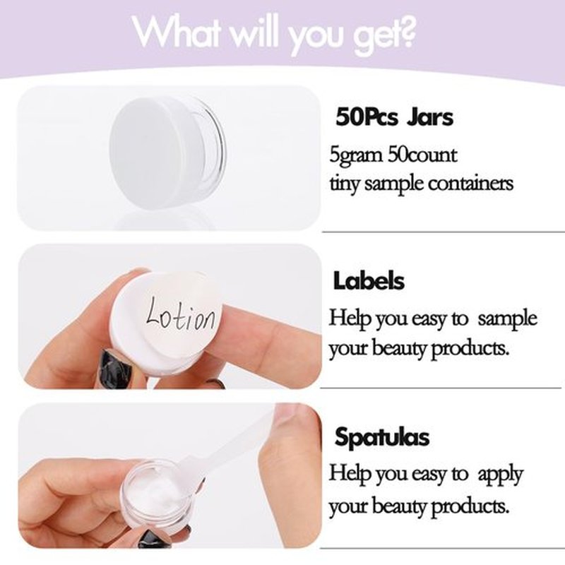 5 Gram Sample Containers with White Lids, 50 Count 5ML Sample Jars, Empty Cosmetic Containers with Lids, Small Makeup Travel Containers for Glitter, Lotion, Cream, Beads, with Labels, Mini Spatulas