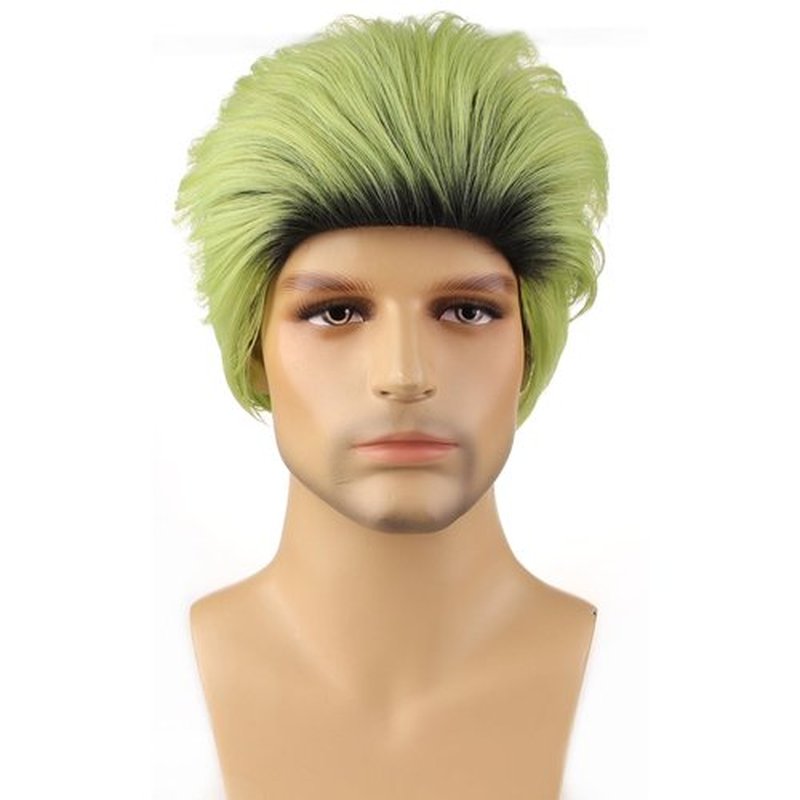 BERON Mens Green Ombre Wig Short Straight Wigs for Boys Cool Black Ombre Green Hair Wigs for Halloween Costume Cosplay