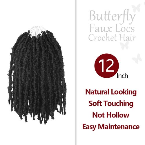NISEYO NU Short Pre-looped Butterfly Locs Crochet Hair 12 Inch 8 Packs Light Weight & Soft Distressed Locs,1B(Natural Black)