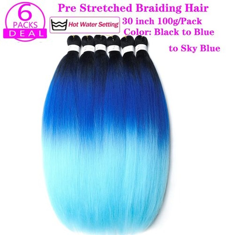 Pre Stretched Braiding Hair Extensions 30 Inch 6 Packs Long Professional Crochet Twist Braids Hair High Temperature Synthetic Fiber Yaki Texture(30",black-blue-sky blue)
