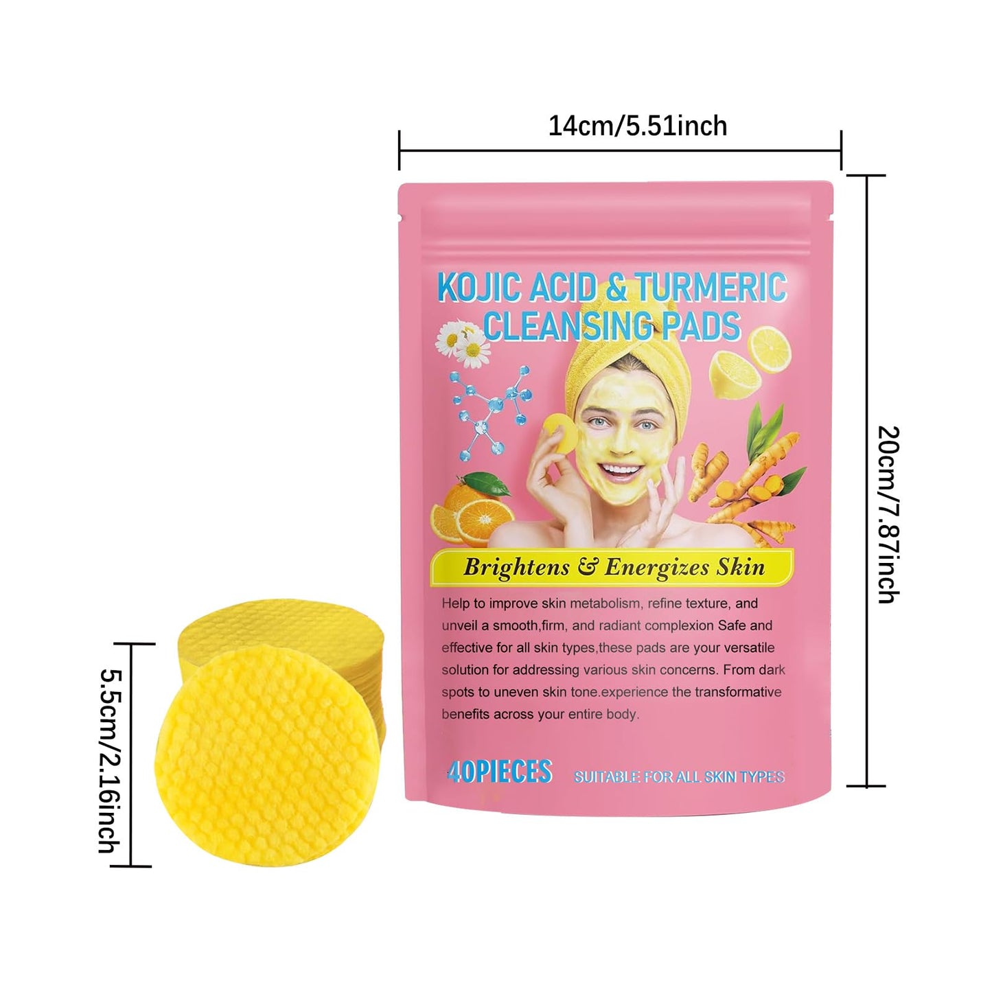 eveloria Turmeric Kojic Acid Cleansing Pads, Vitamin B5, Vitamin C Helps Balance Skin, 40 Sugar Turmeric Cleansing Pads for Face