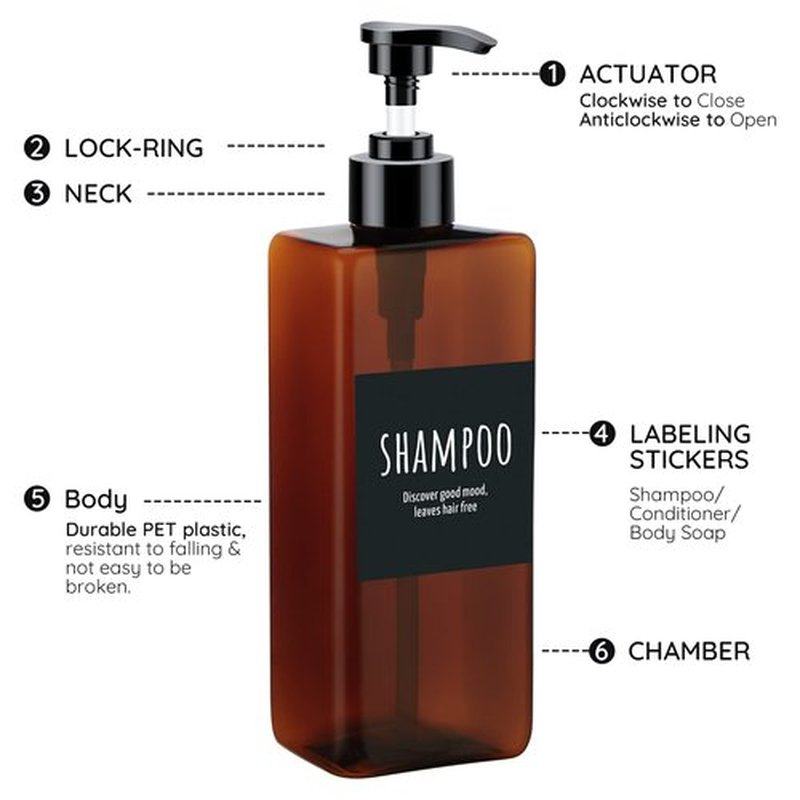 16.9oz Shampoo Bottles, Segbeauty 3pcs 500ml Pump Press Shower Containers with Labels, Empty Refillable Shampoo Body Soap Conditioner Shower Gel Plastic Bathroom Press Lotion Dispenser Amber