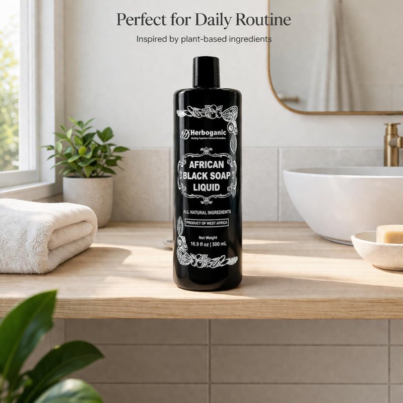 HERBOGANIC African Black Soap Liquid, Natural Liquid Soap From Ghana, Face & Body Wash Supports Moisturizing,Dry Skin, Scars and Dark Spots (16.9 fl oz)