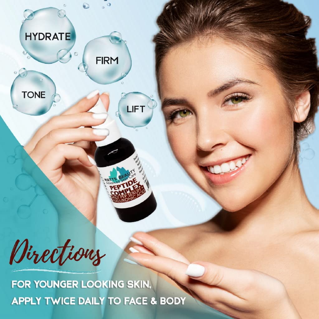 Watts Beauty Peptide Anti-Aging Face Serum - Hyaluronic Acid and Collagen Boosting Peptides Daily Face Care Polypeptide Complex with L-Arginine Firms Wrinkles and Boosts Collagen - 1 oz Pump Bottle