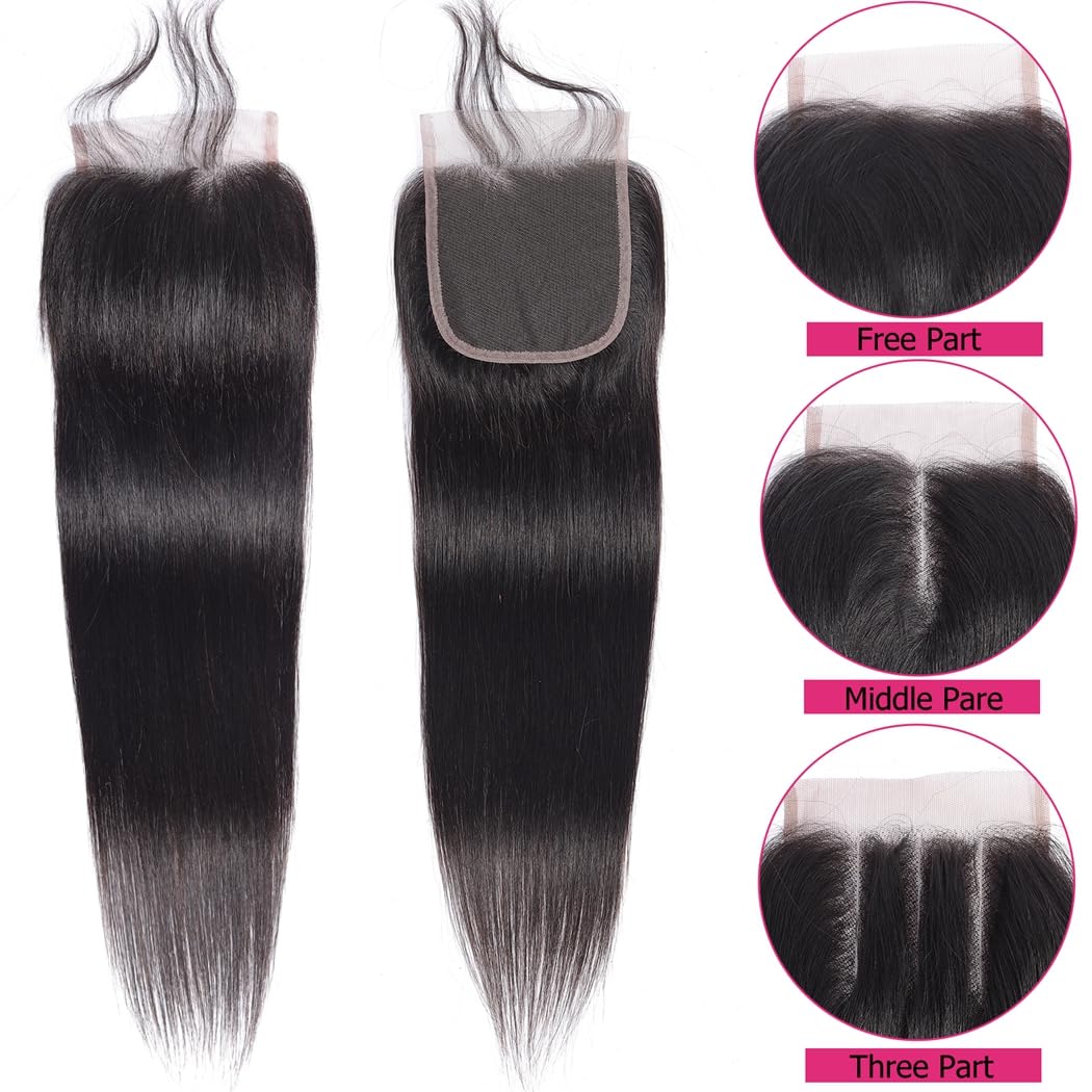 Odir 12 Inch Straight 4x4 Lace Closure Brazilian Human Hair 150% Density Unprocessed Straight Virgin Human Hair Swiss Lace Closure HD Lace Frontal No Bleached Knots Closure Natural Color