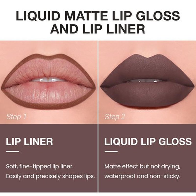 JUAAZIN 2pcs Light Brown Matte Lip Liner and Lipstick Makeup Set, Vegan Lipstick Lip Liner and Gloss Set Lip Stain Long Lasting Waterproof Smudge-Proof Properties Non-stick Cup(Light Brown 05#)