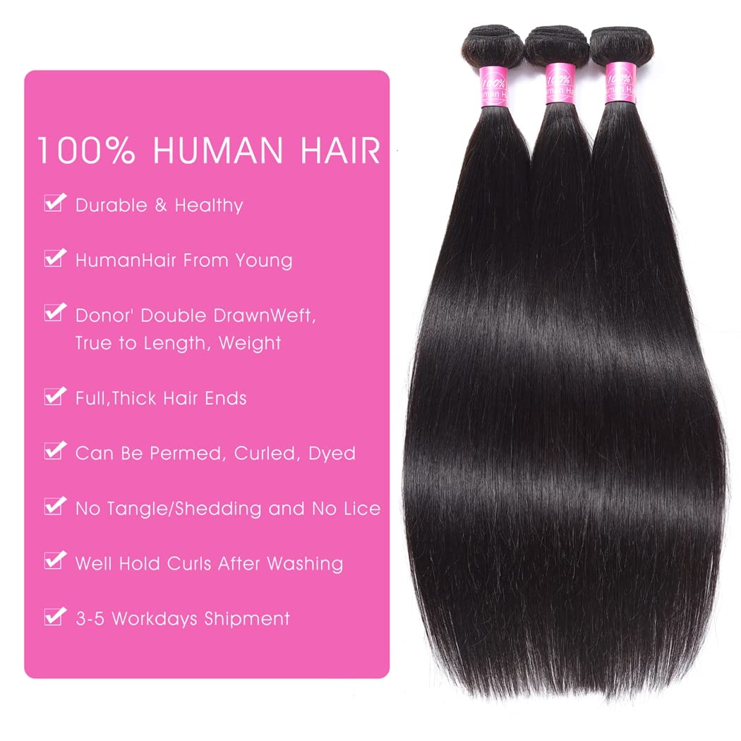 sexycat Straight Human Hair Bundles 100% Unprocessed 9A Brazilian Straight Virgin Hair 1 Bundle Remy Hair Extensions Straight Weave 100g/Bundle Natural Black 26 Inch