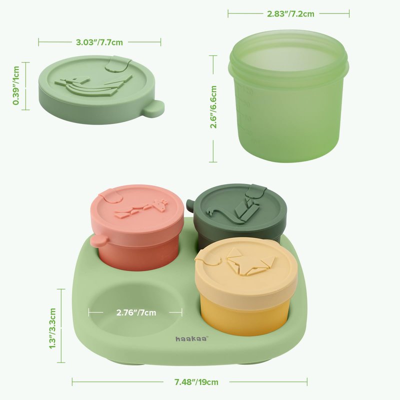 Haakaa Silicone Baby Food Containers, 4oz/120ml Baby Food Jars with Leakproof Animal Lids and Tray, Freezer-Safe Storage for Homemade Purees, Snacks & Meal Prep, 4 Pack, Spring Green Tray