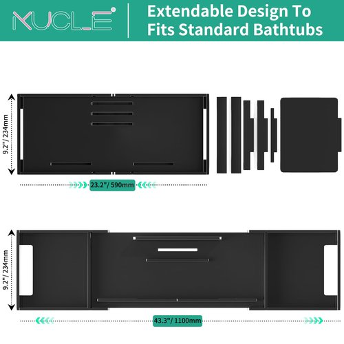 Kucle Expandable Acrylic Bathtub Tray - 23-42 Inches Bath Caddy Tray for Bathtub, Luxury Bath Tub Tray Table for Home Spa, Bath Tray for Tub, Bathroom Tub Accessory Birthday Gift for Her (Black)