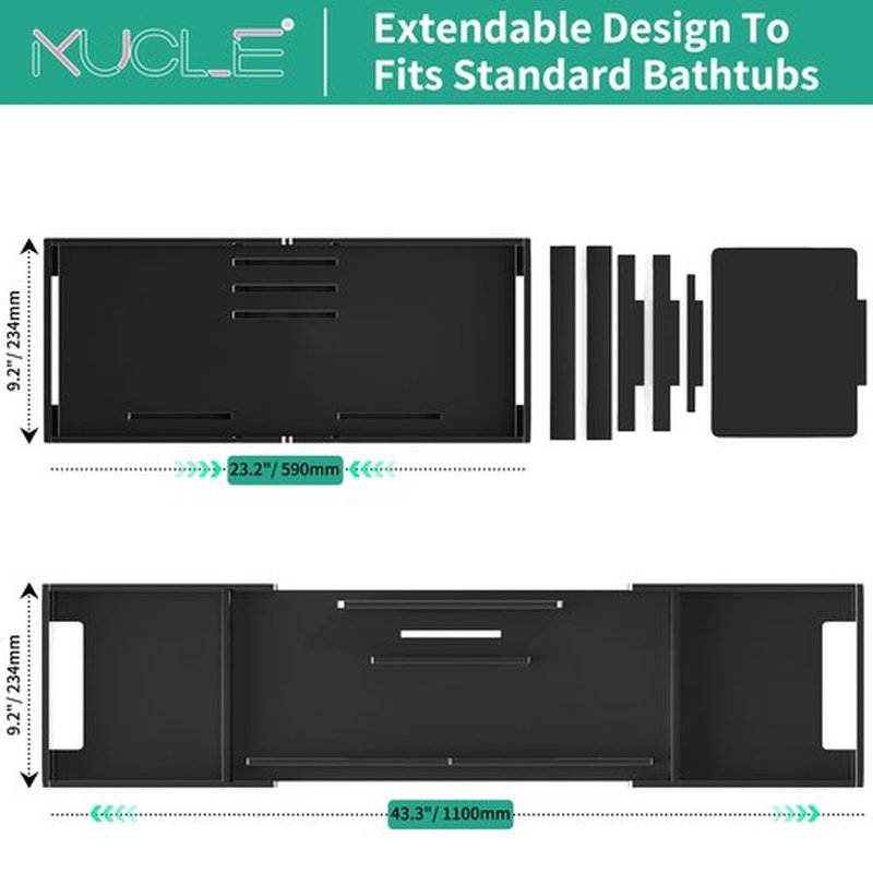 Kucle Expandable Acrylic Bathtub Tray - 23-42 Inches Bath Caddy Tray for Bathtub, Luxury Bath Tub Tray Table for Home Spa, Bath Tray for Tub, Bathroom Tub Accessory Birthday Gift for Her (Black)