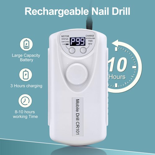 Electric Nail Drill File Professional: COZYEXPERT 35000RPM Portable Efile Nail Drill with Bits, Rechargeable Cordless Nail Drill Machine for Acrylic Gel Nails, Manicure Pedicure for Salon Home (White)