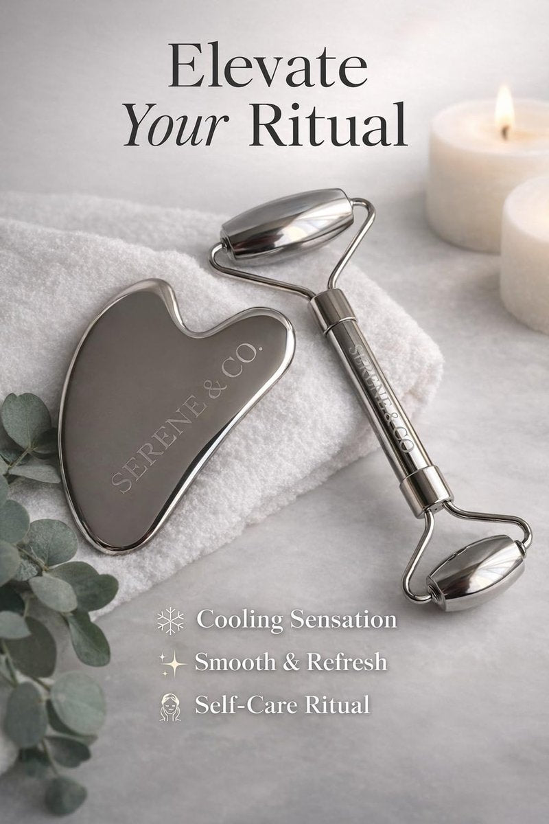Serene & Co. Premium Stainless Steel Gua Sha & Face Roller Set – Facial Massage Tools for Skincare Routine – Cooling Metal Roller & Sculpting Gua Sha