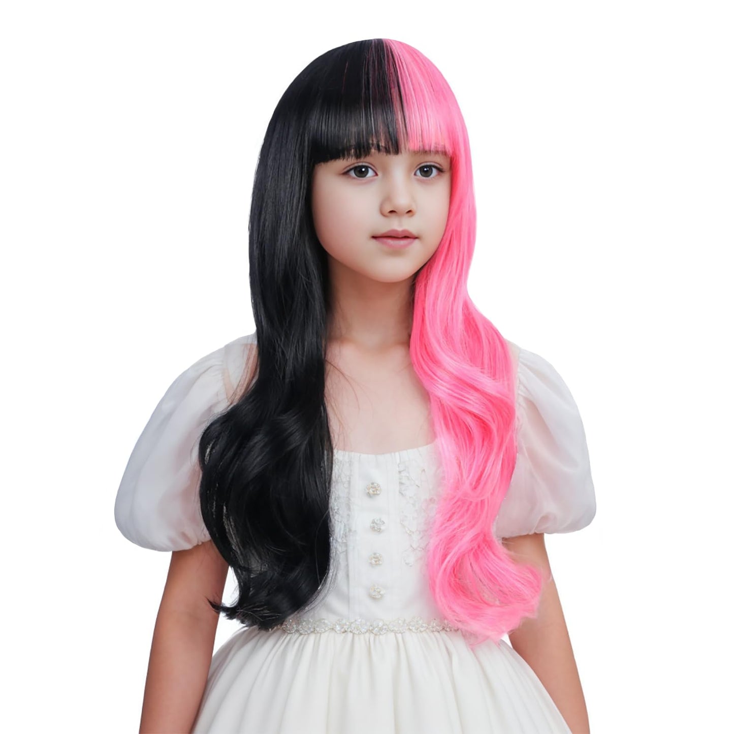 Edivd Kids Half Pink and Half Black Wig Long Pink Mixed Black Wig with Flat Bangs for Girls Long Wavy Curly Black and Pink Wig for Children Heat Resistant Synthetic Wig with Wig Cap