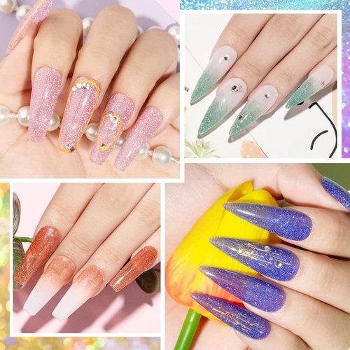 MIZHSE Reflective Jelly Gel Nail Polish 6 Pcs, Glitter Diamond Flash Disco Gel Polish Sparkle Pink Gold Green, Macaron Pink Purple Green Blue Soak Off UV LED Home Salon Manicure Set 7ml