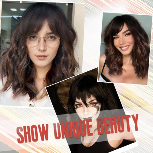 Short Brown Highlighted Blonde Wig with Bangs Short Wavy Curly Bob Wigs for Women Shoulder Length Synthetic Hair Wig for Party Daily Use
