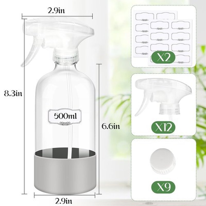 ZENOWICK 9 Pack/16 Oz Glass Spray Bottles, Refillable Empty Containers with Silicone Sleeve, Upgraded Adjustable Nozzle Spray Bottle Sets for Cleaning, Essential Oils, Hair