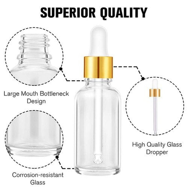 PrettyCare 1oz Glass Dropper Bottle 24 Pack Clear Glass Bottles Empty with 2 Funnels & 2 Long Pipettes, 30ml Eye Dropper Bottles for Essential/Cuticle/Body Oils, Tincture