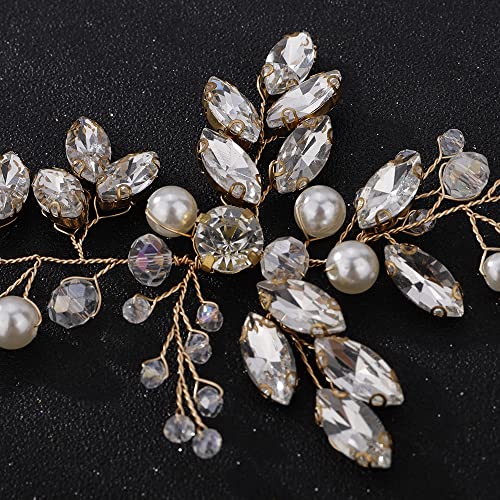 Teyglen Wedding Bride Rhinestones Pearls Crystal Headband Hair Vine Handmade Bridal Headband Wedding Hair Accessories for Brides Hair Pieces Headpieces for Women(Gold)