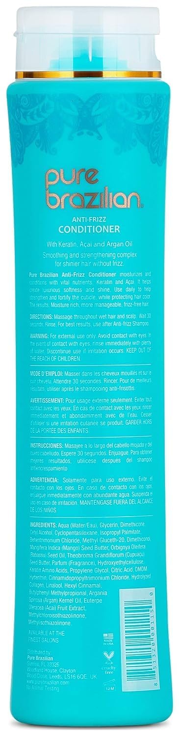 Pure Brazilian Anti-Frizz Daily Conditioner with Keratin & Acai, Smoothing & Strengthening for Shinier, Frizz-Free Hair, 13.5 Oz