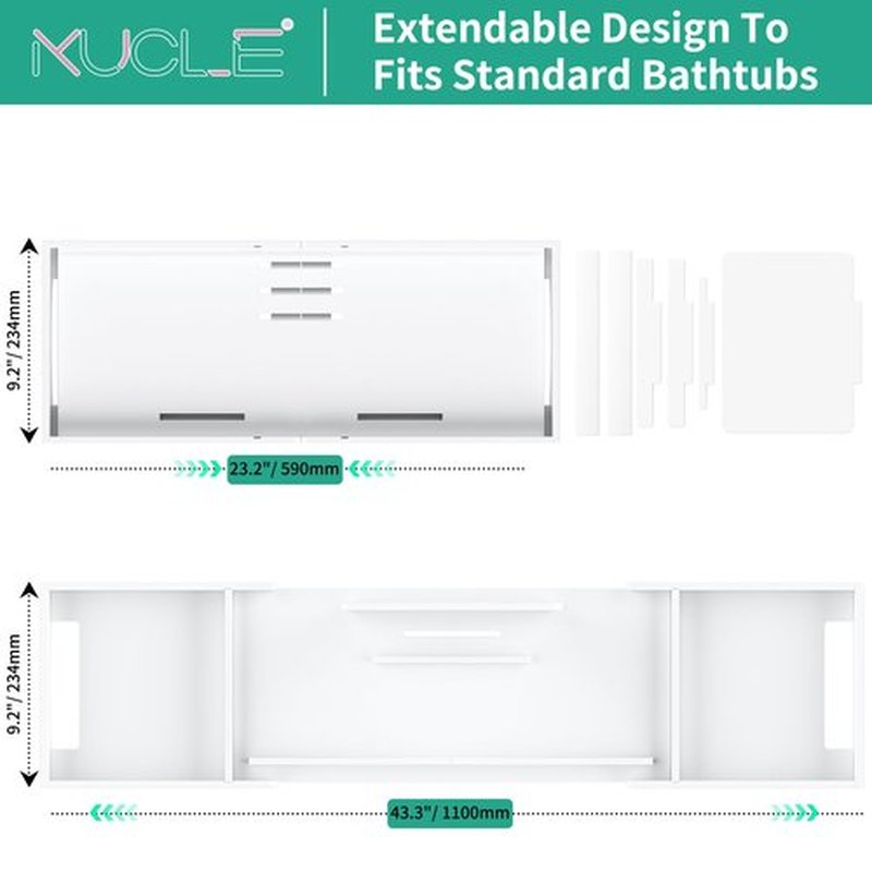 Kucle Expandable Acrylic Bathtub Tray - 23-42 Inches Bath Caddy Tray for Bathtub, Luxury Bath Tub Tray Table for Home Spa, Bath Tray for Tub, Bathroom Tub Accessory Birthday Gift for Her (White)